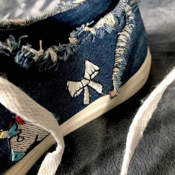 Denim Canvas Sneakers With Embroidered Smiley & Icons Frayed Detail - Picture 3 of 11
